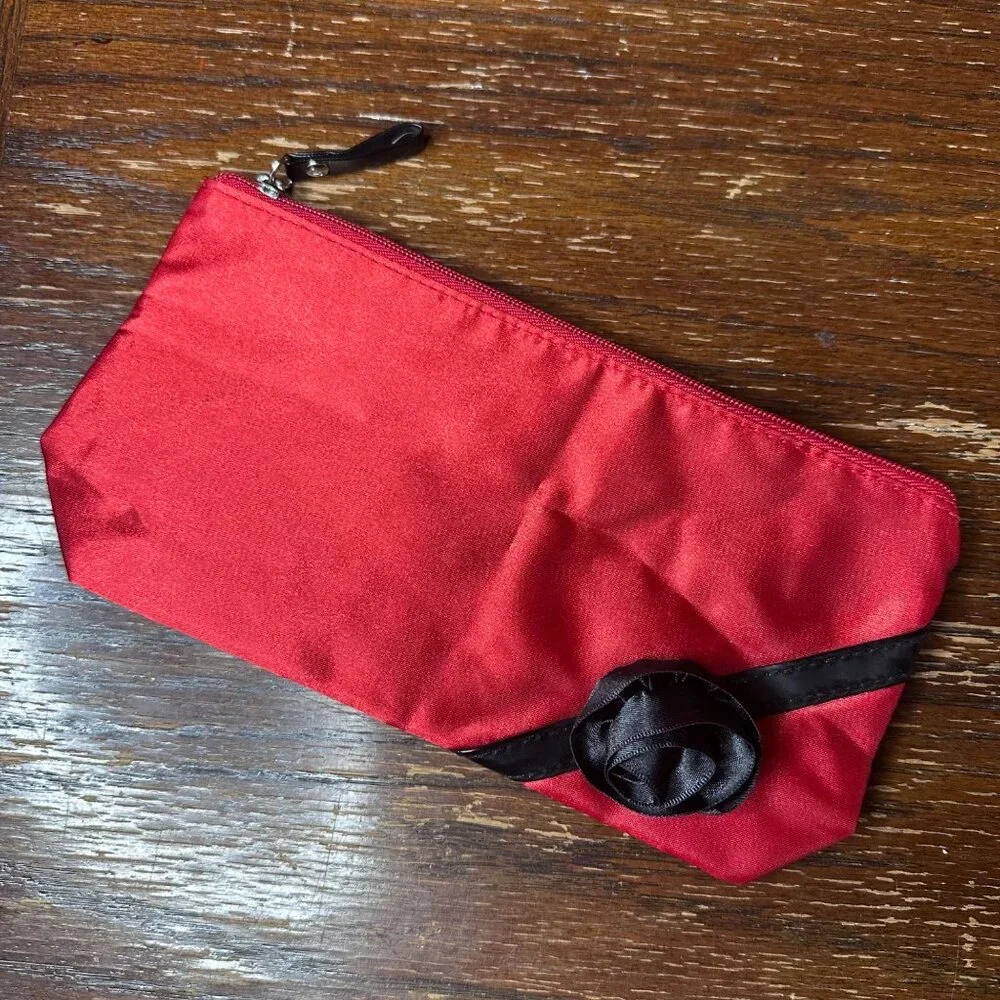 Lancome Red Satin Cosmetic Pouch With Black Accent Trim & Rose Detail